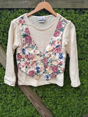 90’s Amy Byer Cream Long-Sleeve Top with Floral Vest Accent